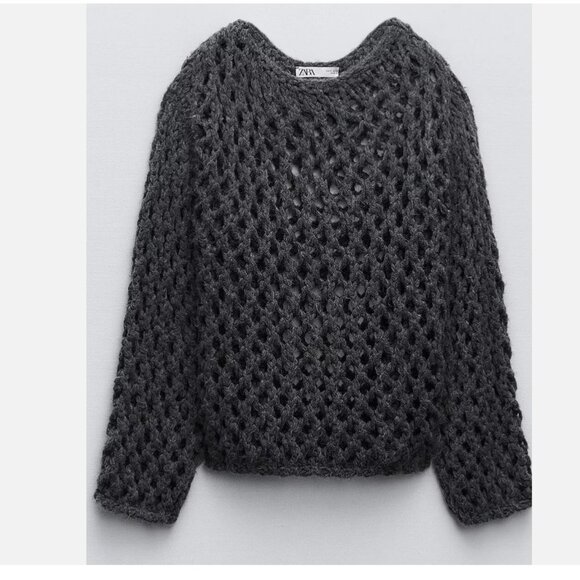 NWT ZARA GREY OPEN KNIT SWEATER WITH VENT - Picture 4 of 8